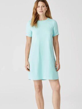 Eileen Fisher Aqua Tee Dress Sz L Jersey Crewneck Shift Dress Summer Lightweight